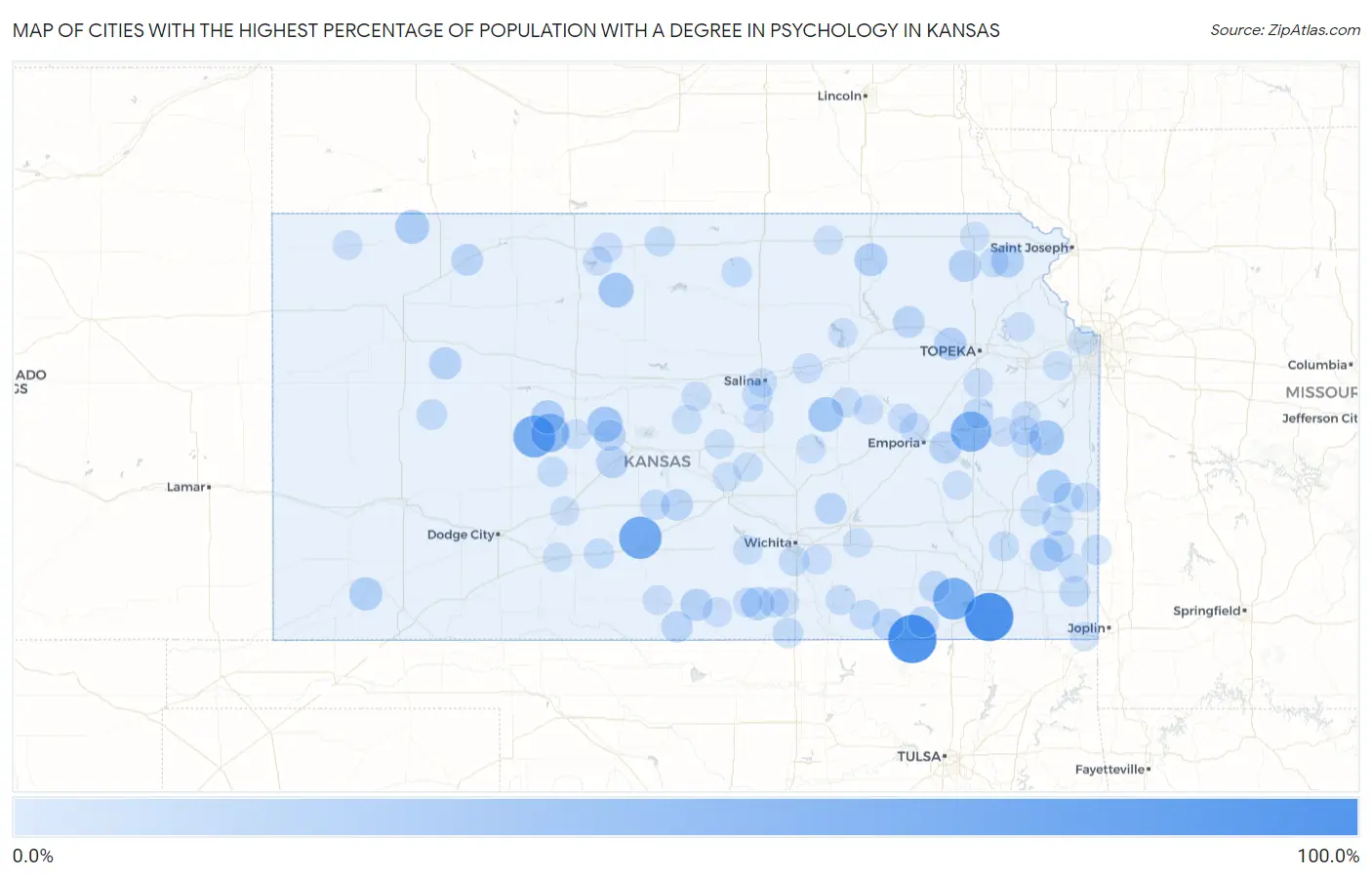 Cities with the Highest Percentage of Population with a Degree in Psychology in Kansas Map