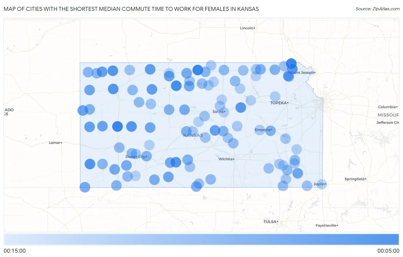 Cities with the Shortest Median Commute Time to Work for Females in Kansas Map