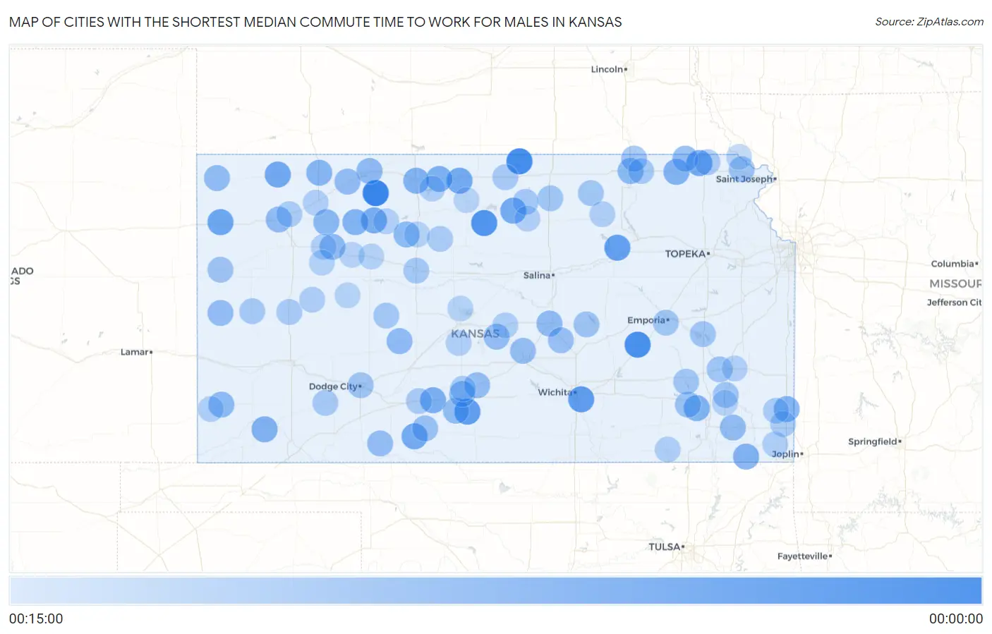 Cities with the Shortest Median Commute Time to Work for Males in Kansas Map