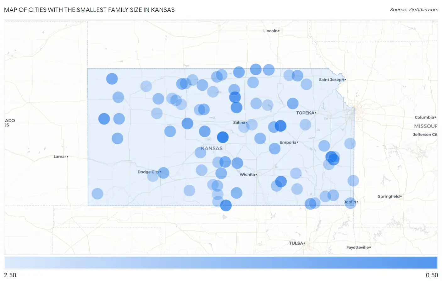 Cities with the Smallest Family Size in Kansas Map