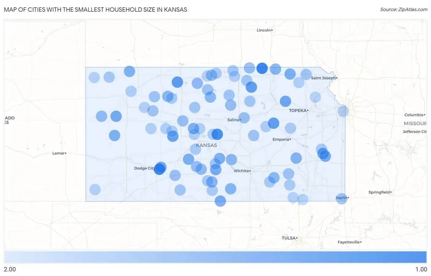 Cities with the Smallest Household Size in Kansas Map