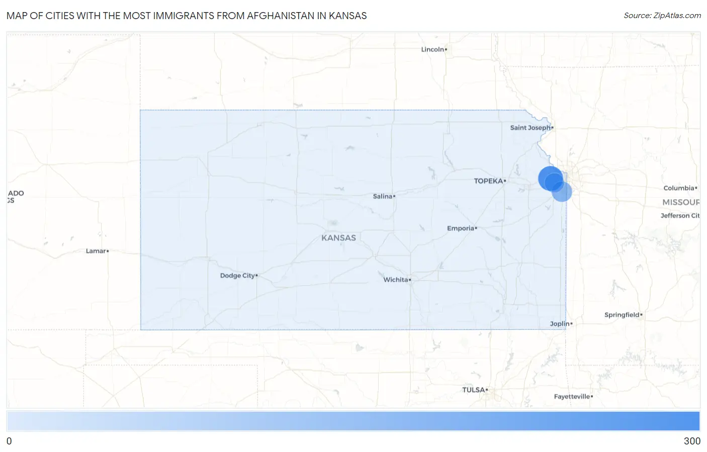 Cities with the Most Immigrants from Afghanistan in Kansas Map