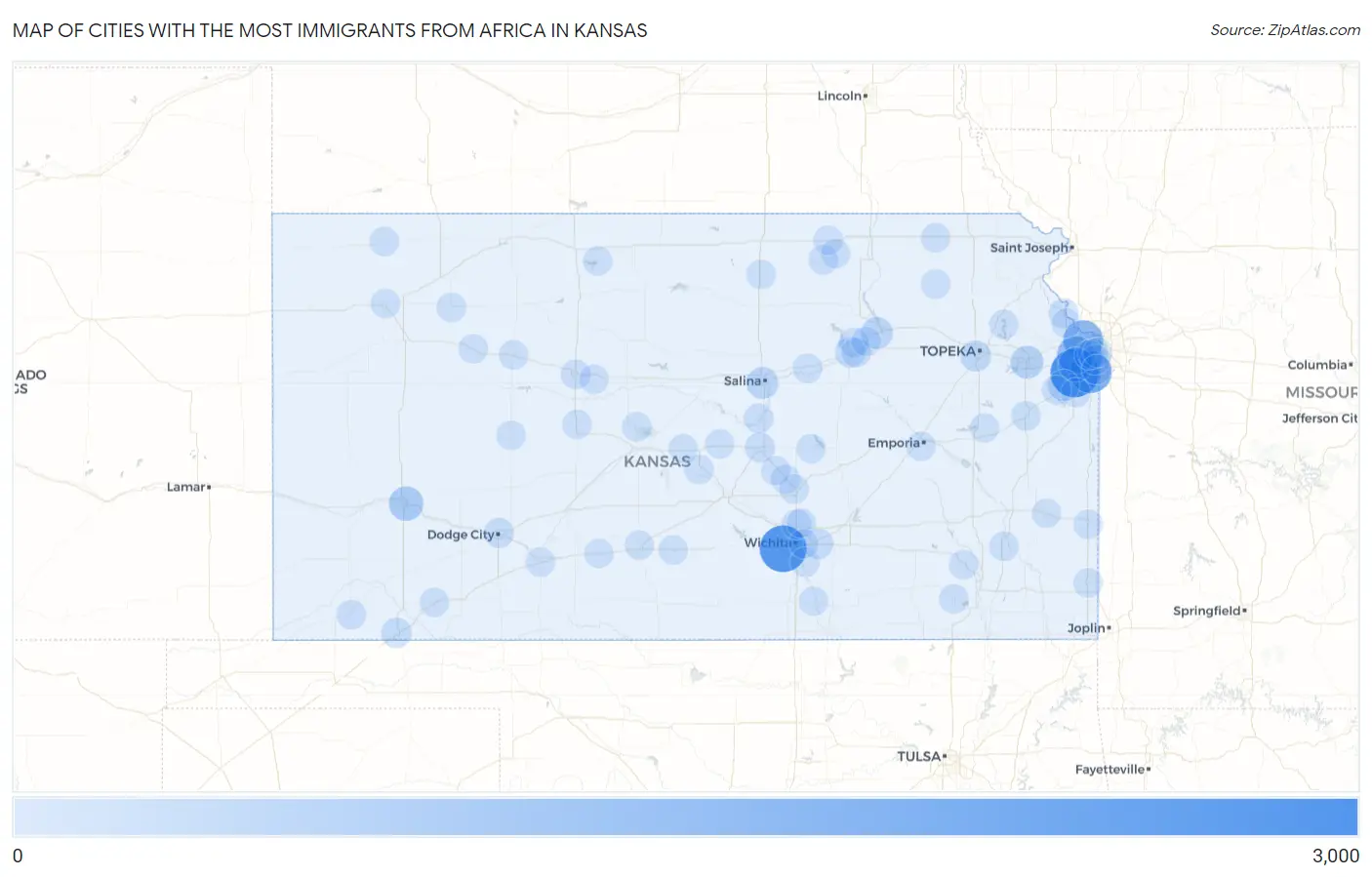 Cities with the Most Immigrants from Africa in Kansas Map
