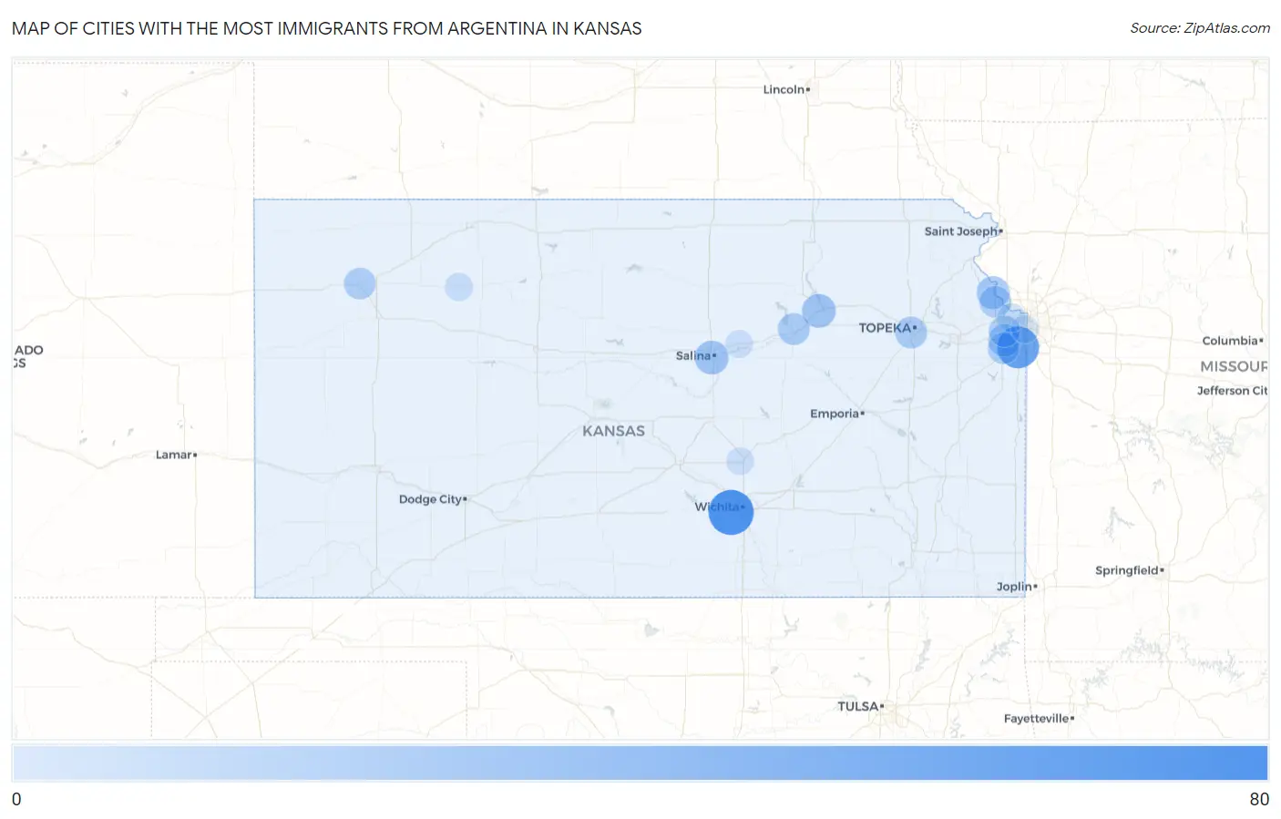 Cities with the Most Immigrants from Argentina in Kansas Map
