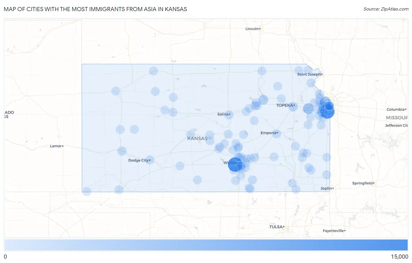 Cities with the Most Immigrants from Asia in Kansas Map