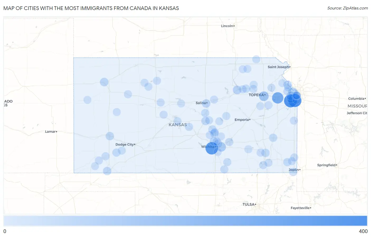 Cities with the Most Immigrants from Canada in Kansas Map
