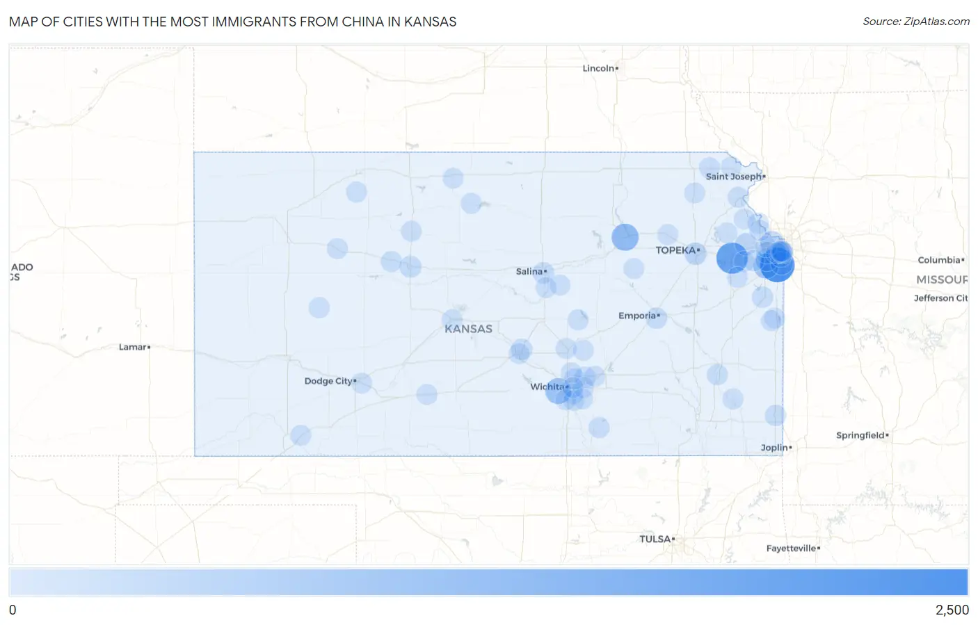 Cities with the Most Immigrants from China in Kansas Map