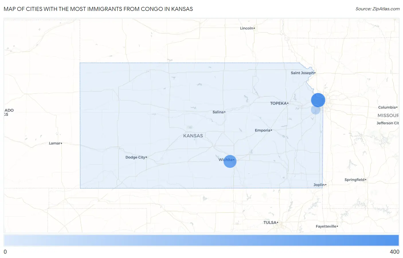 Cities with the Most Immigrants from Congo in Kansas Map
