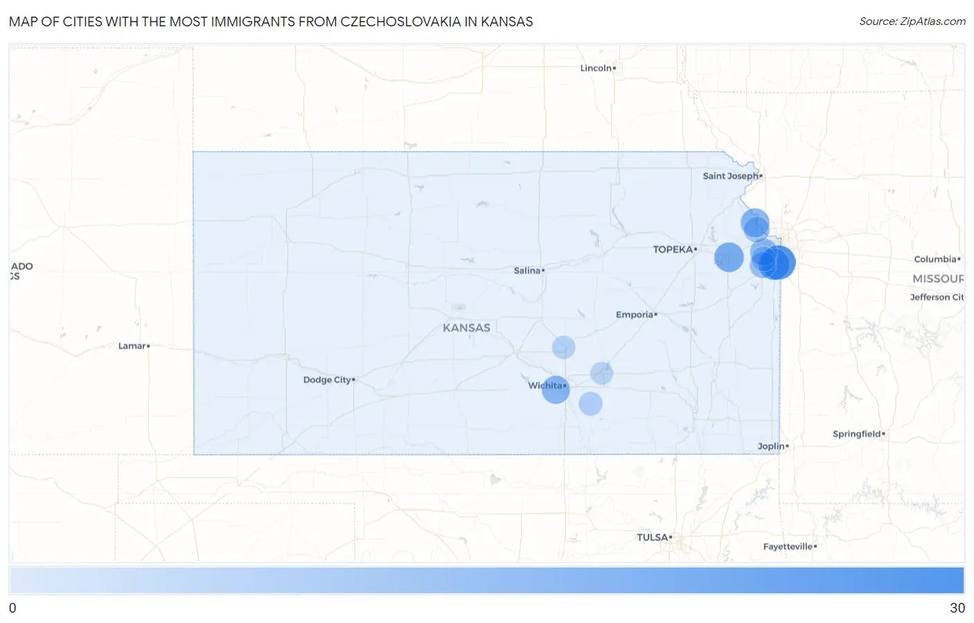 Cities with the Most Immigrants from Czechoslovakia in Kansas Map