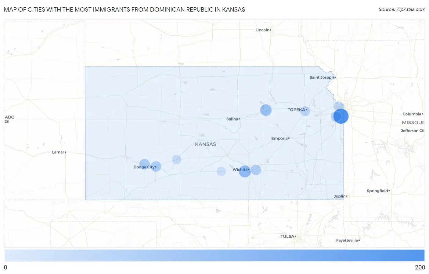 Cities with the Most Immigrants from Dominican Republic in Kansas Map