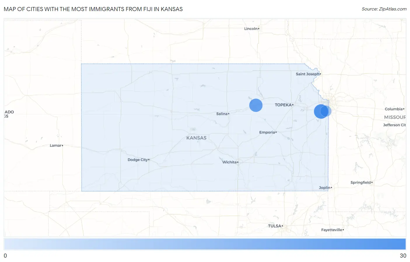 Cities with the Most Immigrants from Fiji in Kansas Map