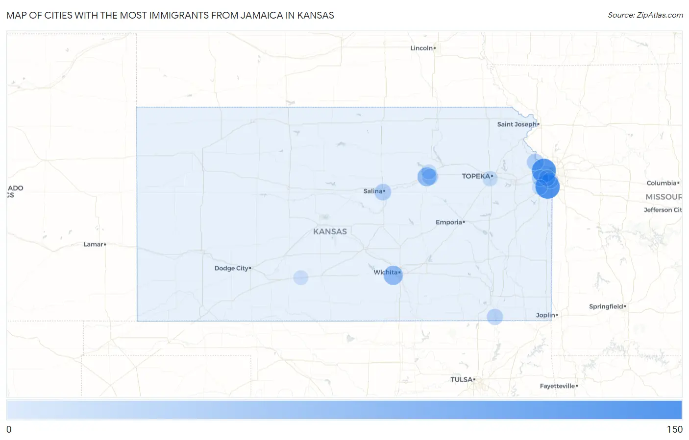 Cities with the Most Immigrants from Jamaica in Kansas Map