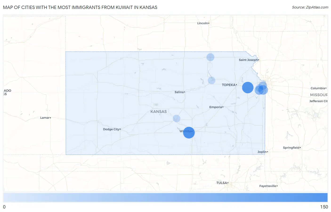 Cities with the Most Immigrants from Kuwait in Kansas Map