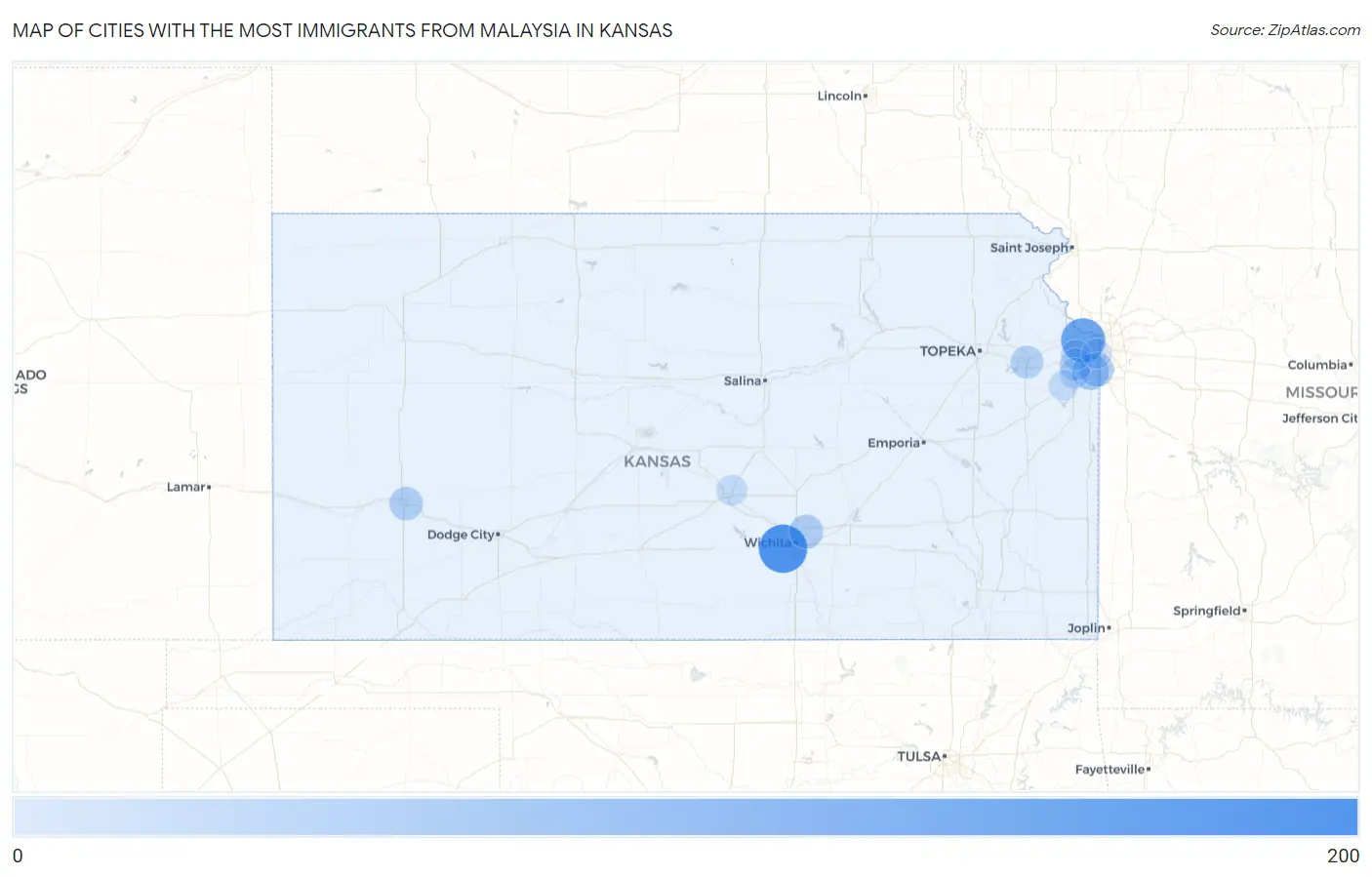 Cities with the Most Immigrants from Malaysia in Kansas Map