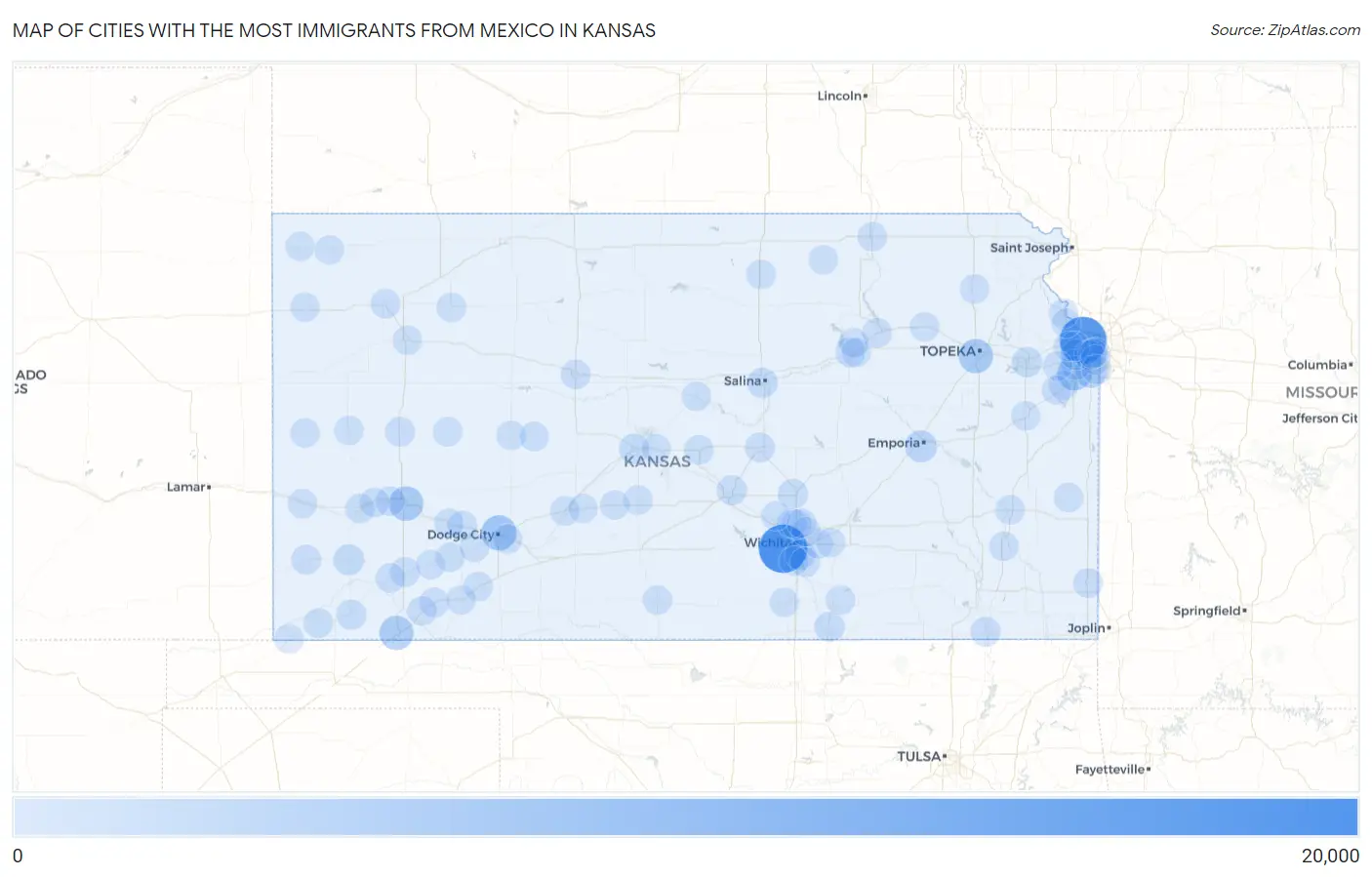 Cities with the Most Immigrants from Mexico in Kansas Map
