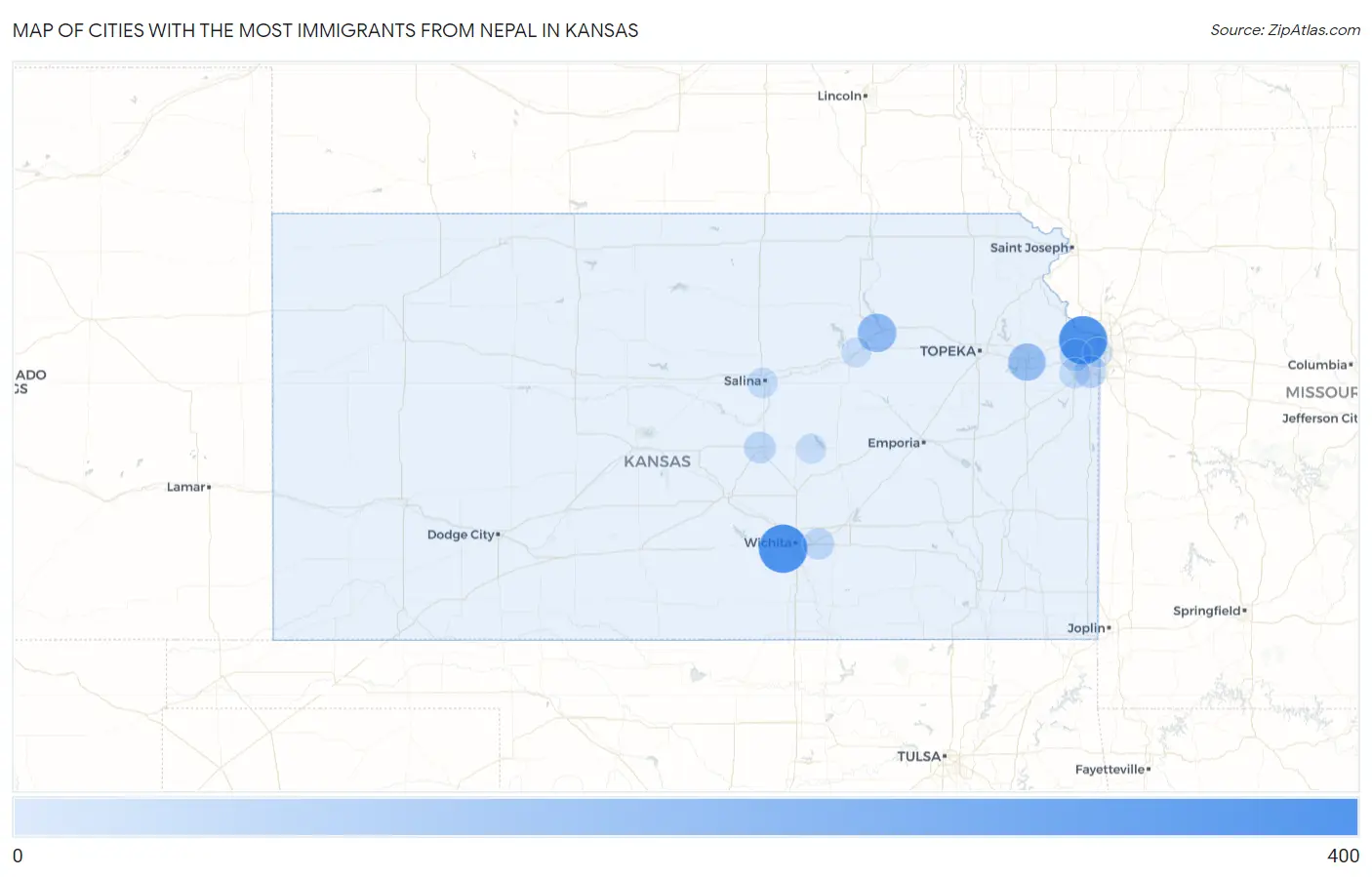 Cities with the Most Immigrants from Nepal in Kansas Map