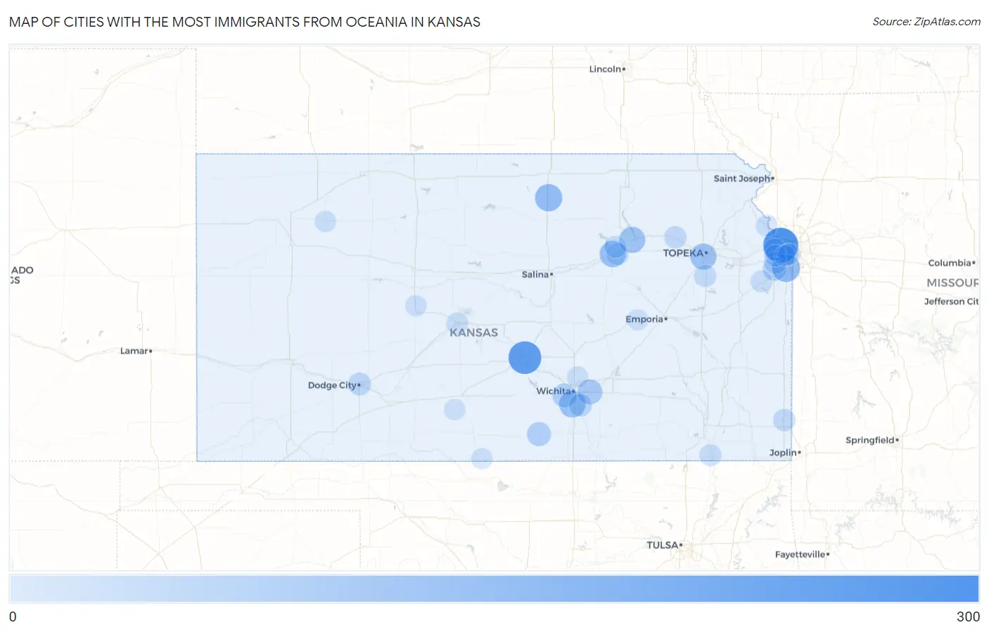 Cities with the Most Immigrants from Oceania in Kansas Map
