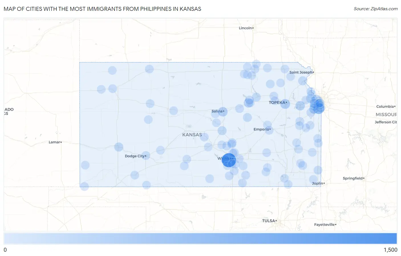 Cities with the Most Immigrants from Philippines in Kansas Map
