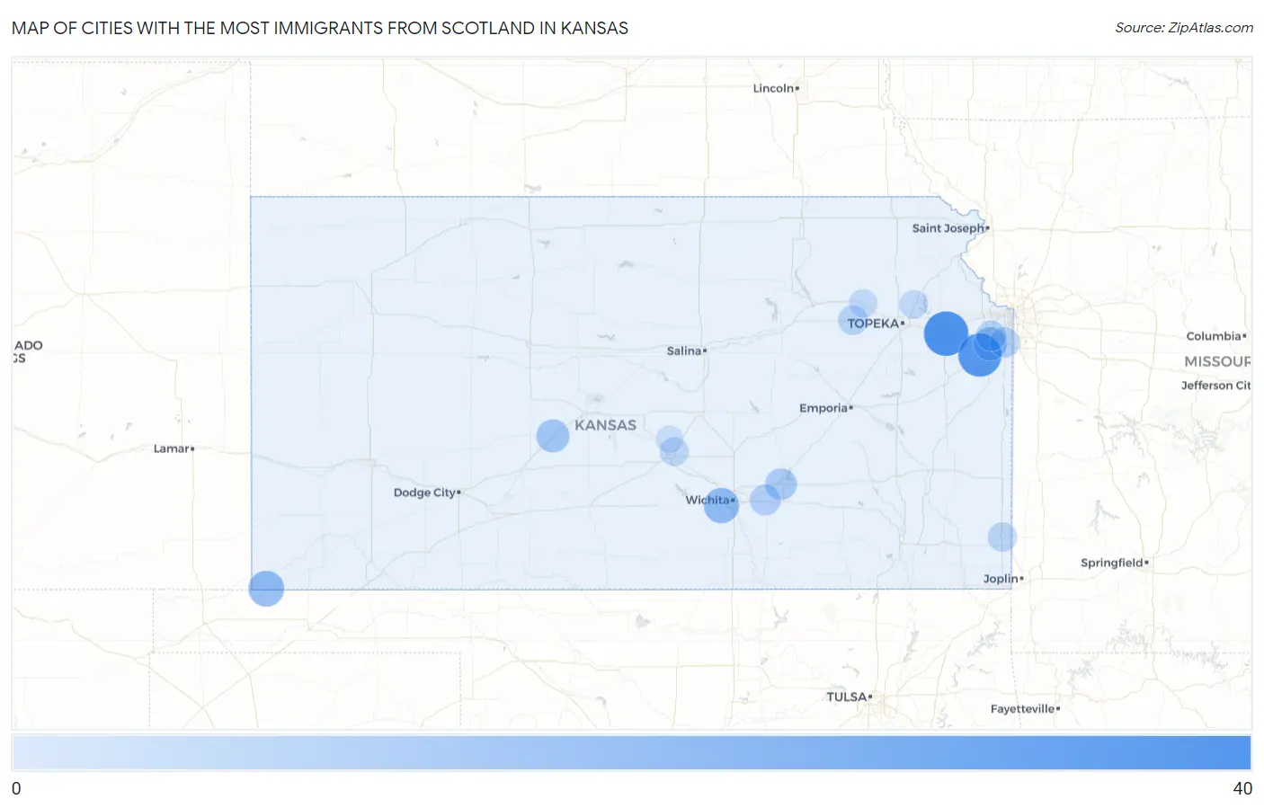 Cities with the Most Immigrants from Scotland in Kansas Map