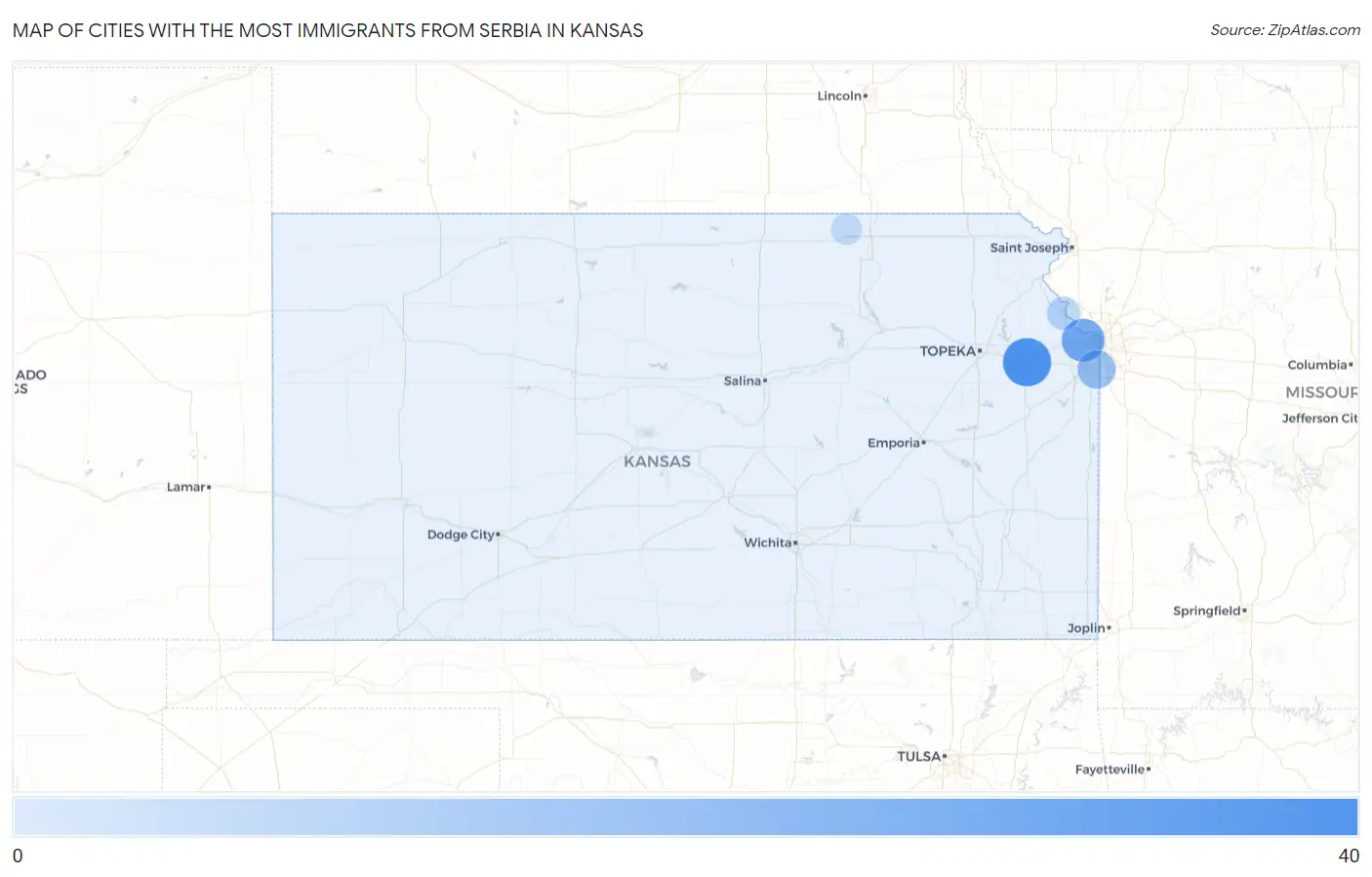Cities with the Most Immigrants from Serbia in Kansas Map