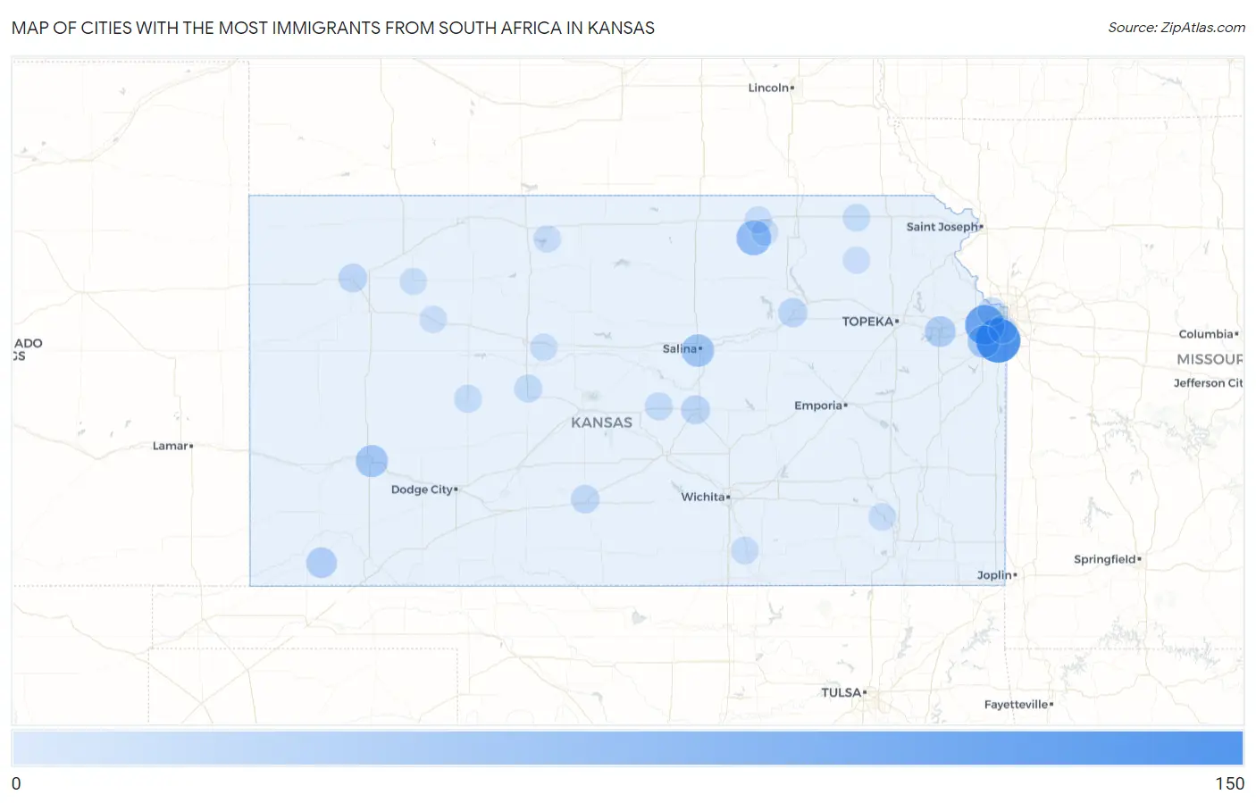 Cities with the Most Immigrants from South Africa in Kansas Map
