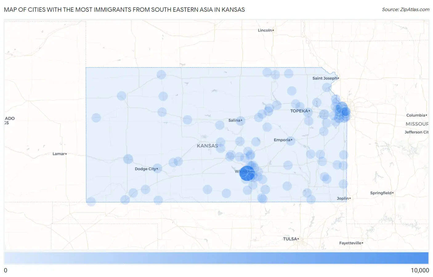 Cities with the Most Immigrants from South Eastern Asia in Kansas Map