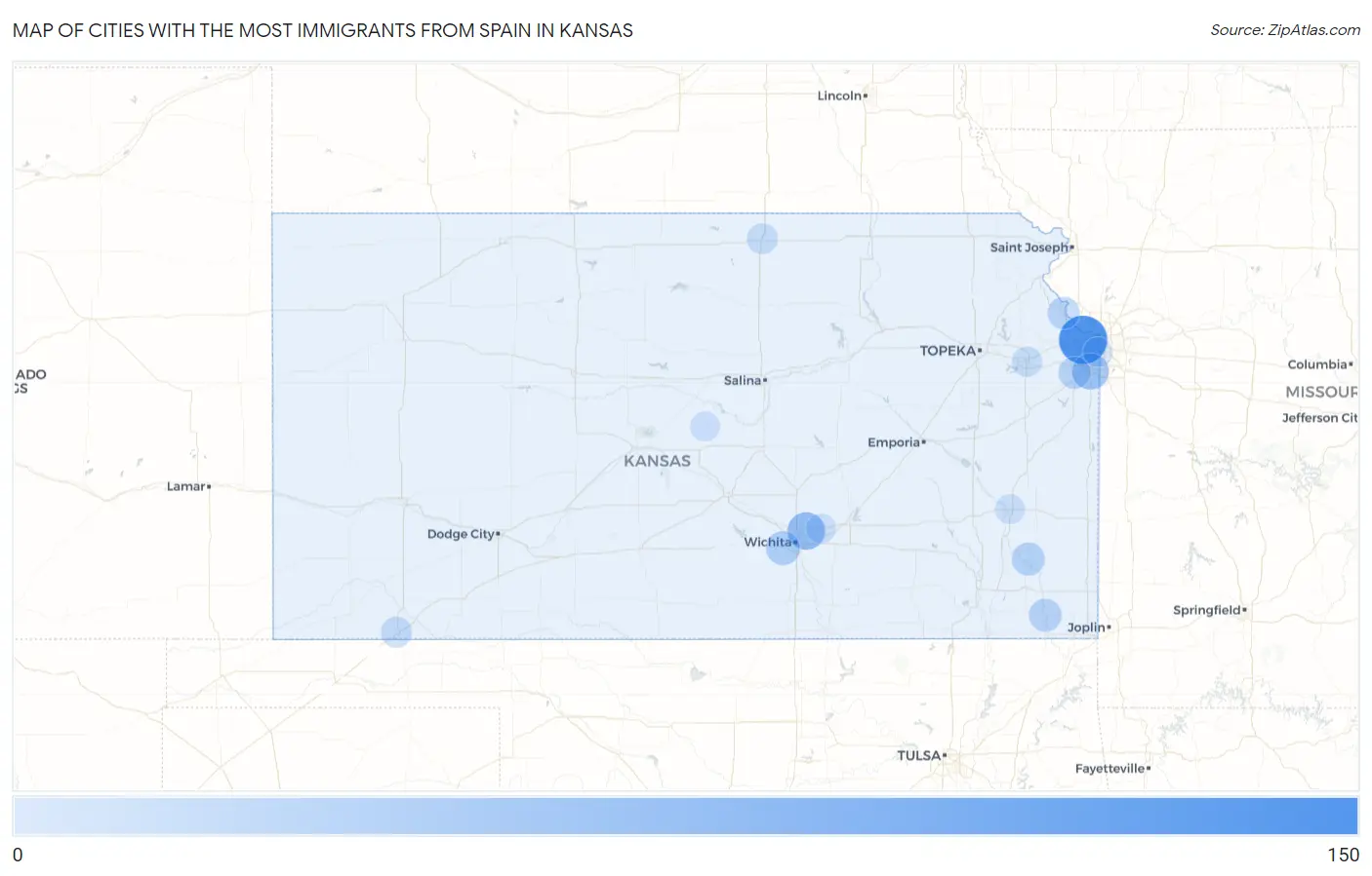Cities with the Most Immigrants from Spain in Kansas Map