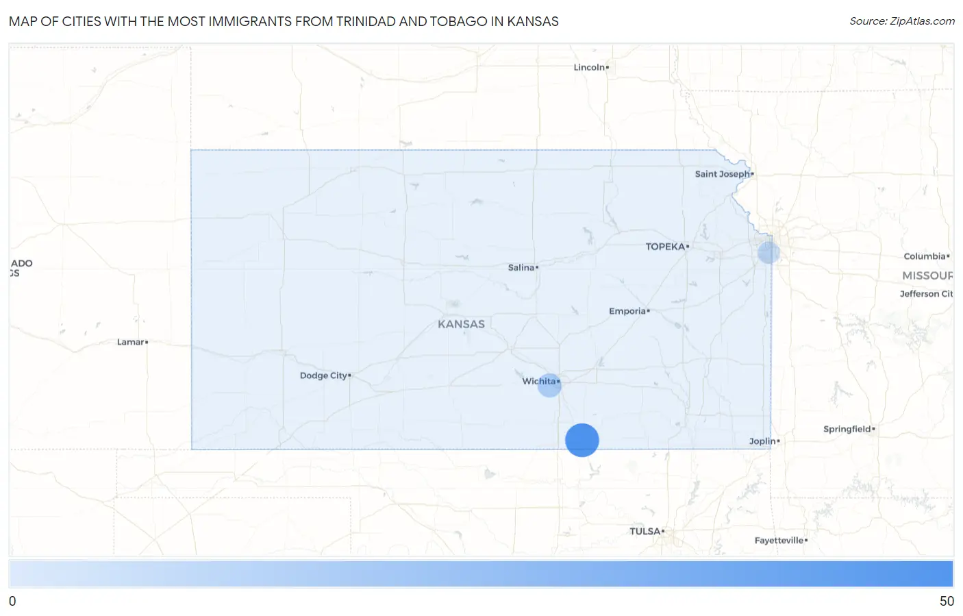 Cities with the Most Immigrants from Trinidad and Tobago in Kansas Map
