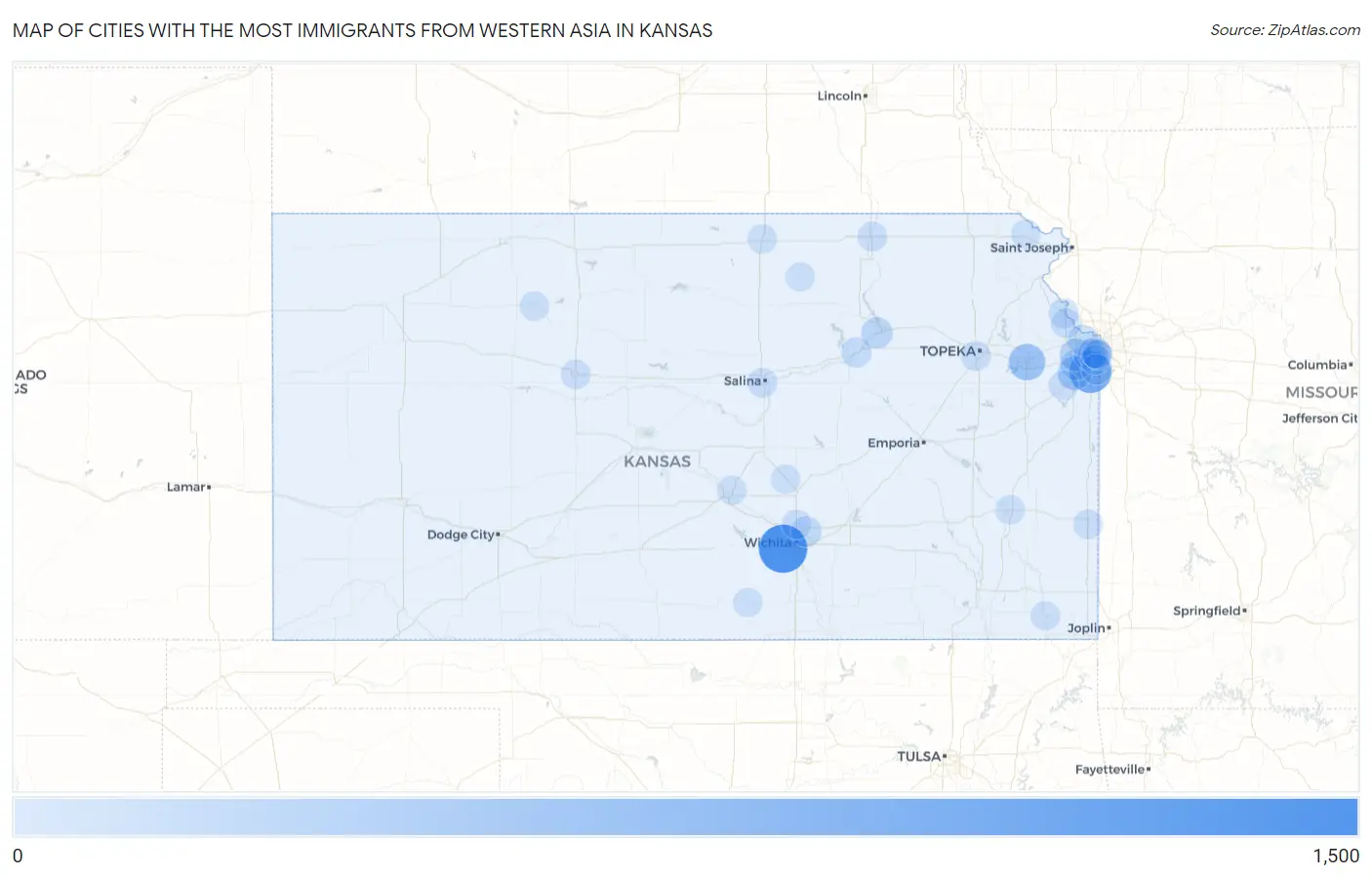 Cities with the Most Immigrants from Western Asia in Kansas Map