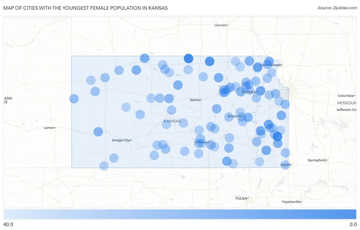 Cities with the Youngest Female Population in Kansas Map
