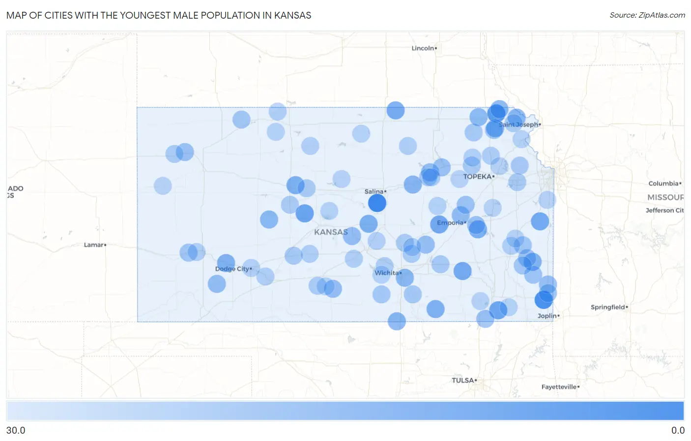Cities with the Youngest Male Population in Kansas Map