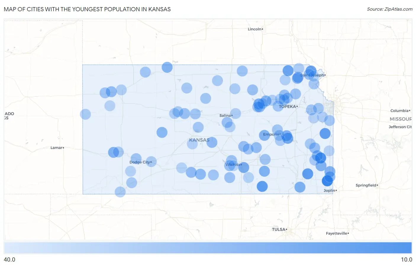 Cities with the Youngest Population in Kansas Map