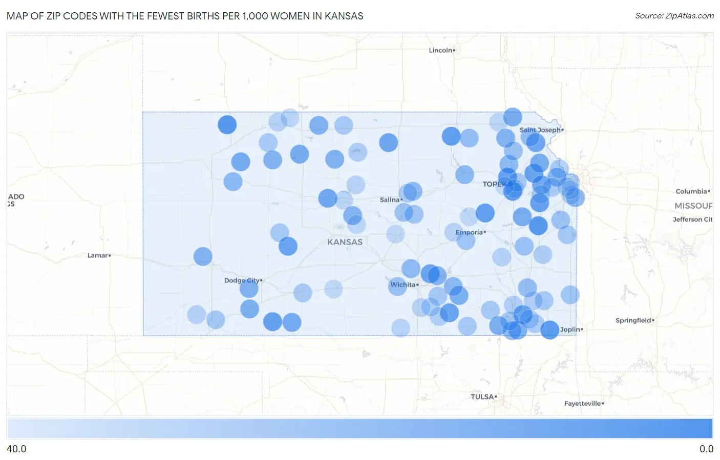 Zip Codes with the Fewest Births per 1,000 Women in Kansas Map