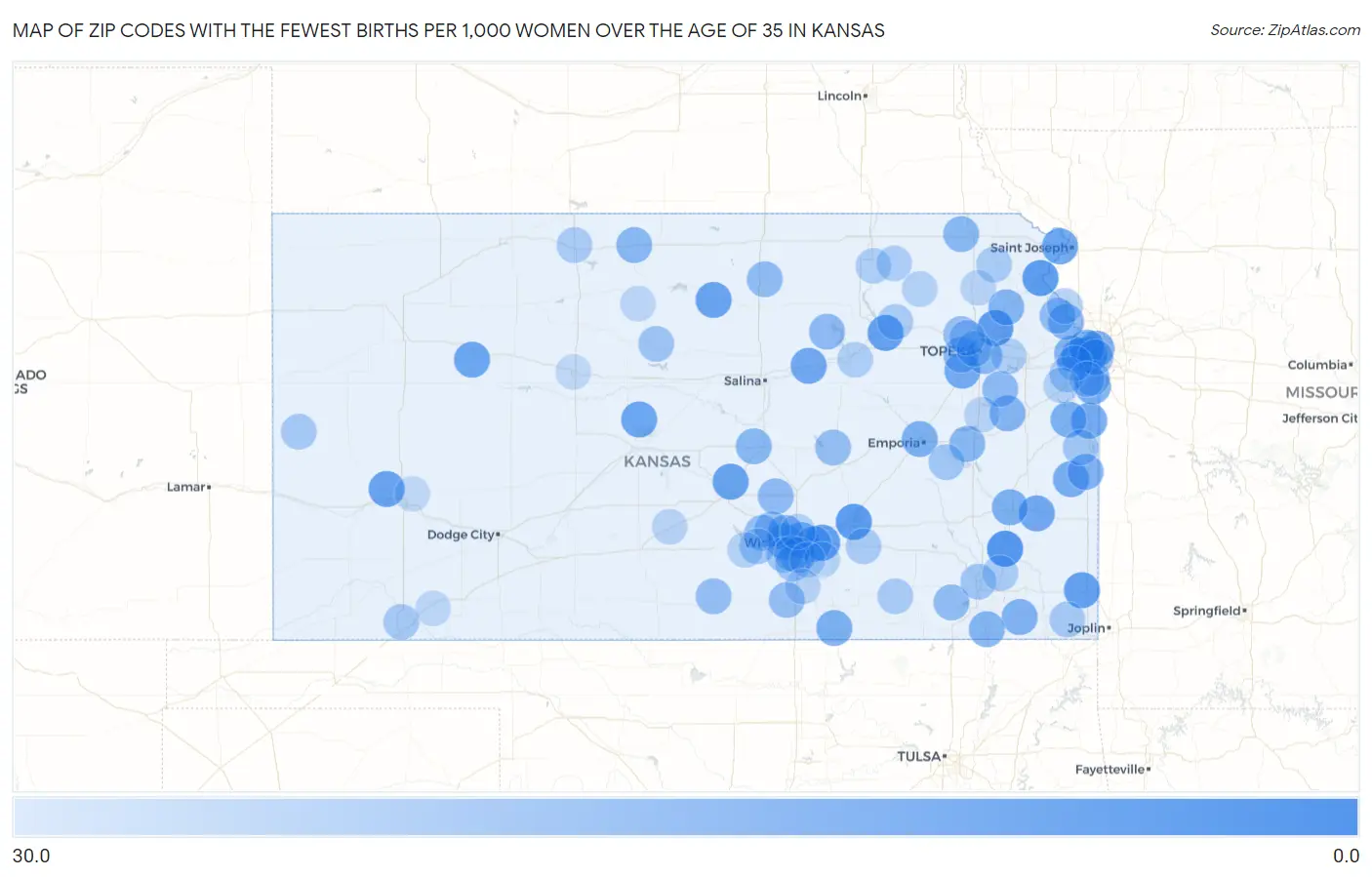 Zip Codes with the Fewest Births per 1,000 Women Over the Age of 35 in Kansas Map