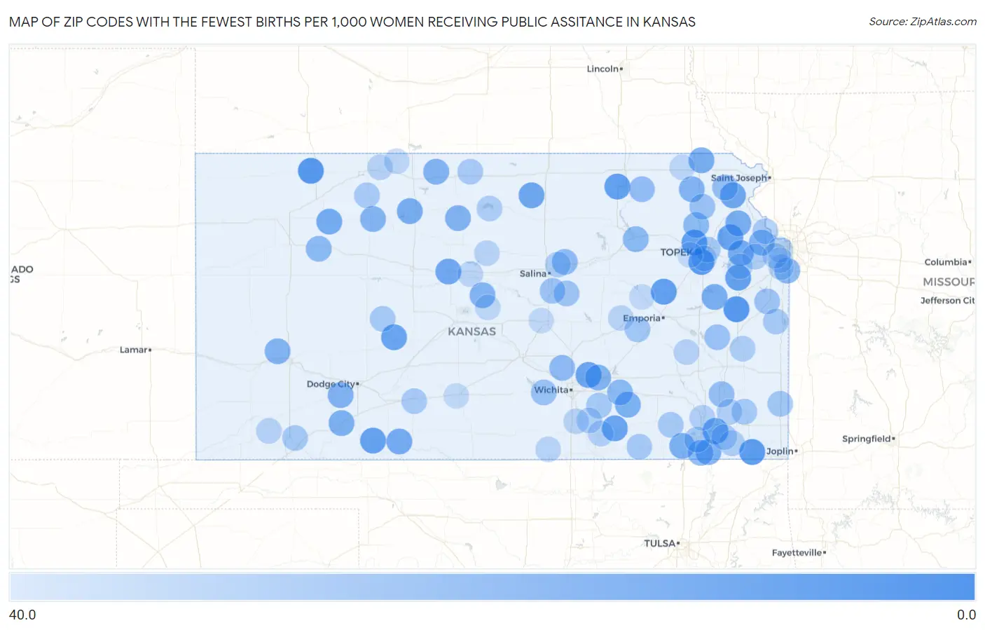 Zip Codes with the Fewest Births per 1,000 Women Receiving Public Assitance in Kansas Map