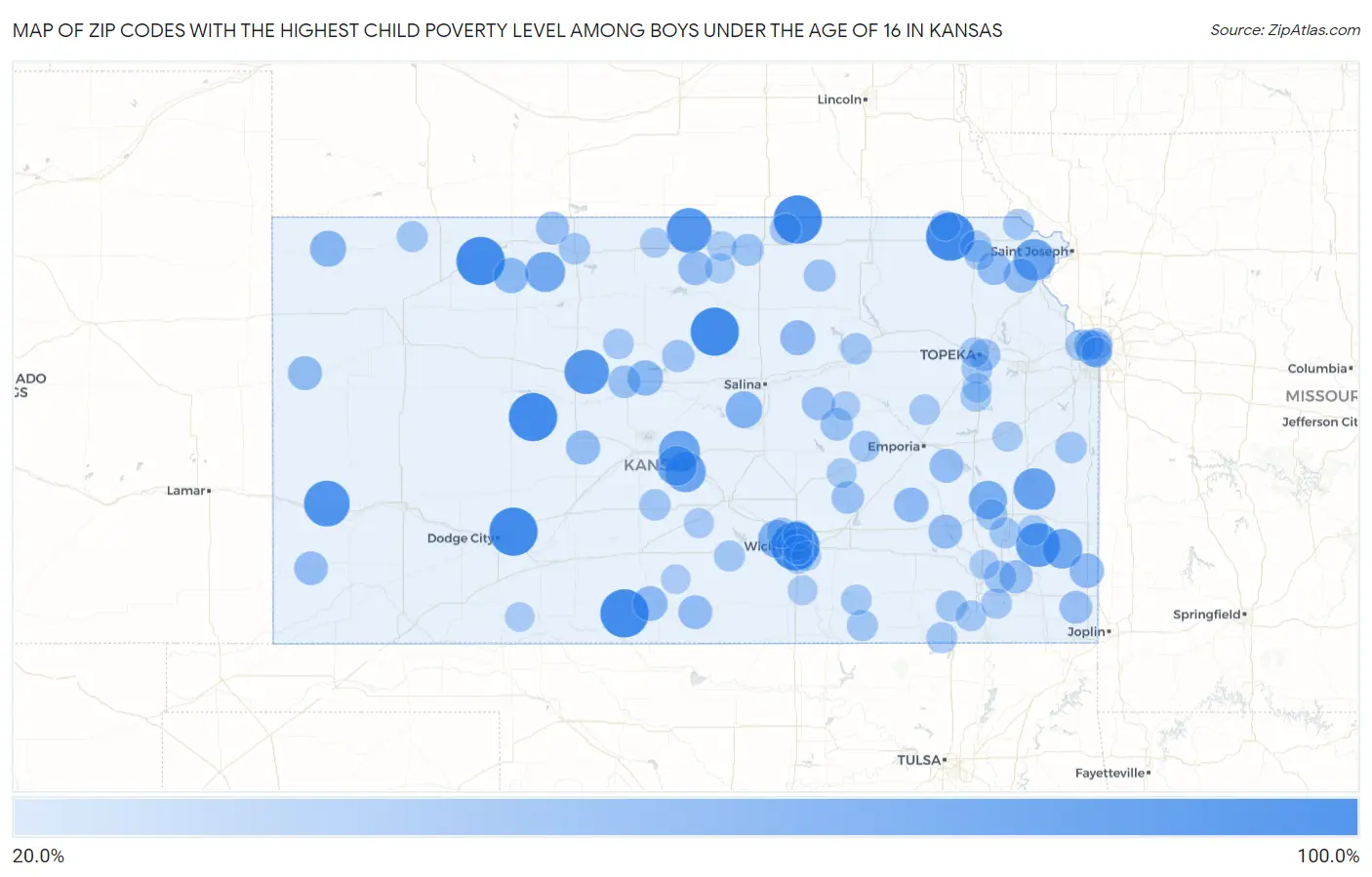 Zip Codes with the Highest Child Poverty Level Among Boys Under the Age of 16 in Kansas Map