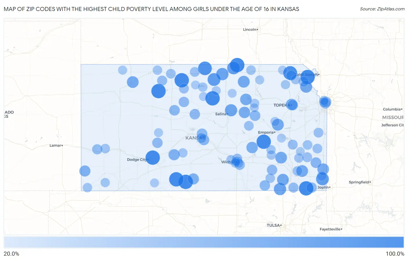 Zip Codes with the Highest Child Poverty Level Among Girls Under the Age of 16 in Kansas Map