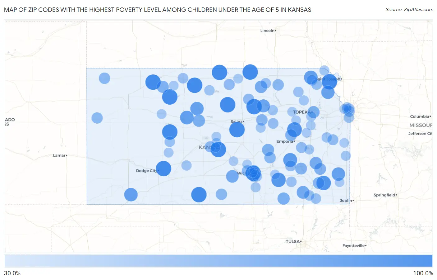 Zip Codes with the Highest Poverty Level Among Children Under the Age of 5 in Kansas Map