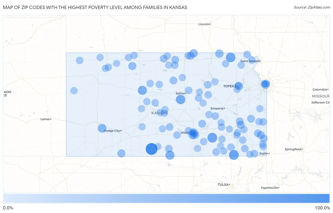 Zip Codes with the Highest Poverty Level Among Families in Kansas Map