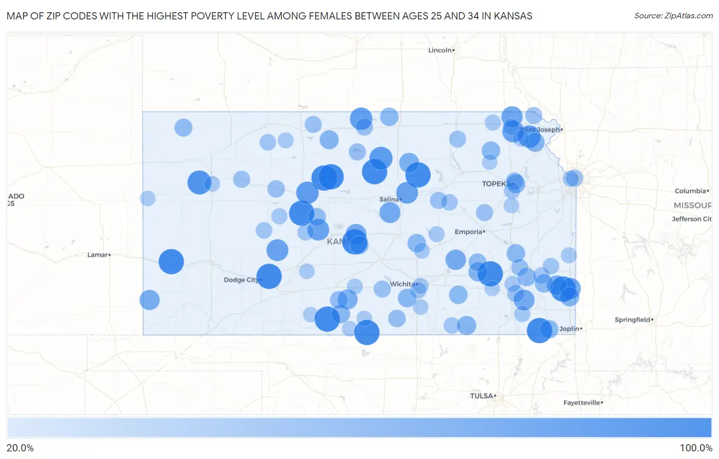 Zip Codes with the Highest Poverty Level Among Females Between Ages 25 and 34 in Kansas Map
