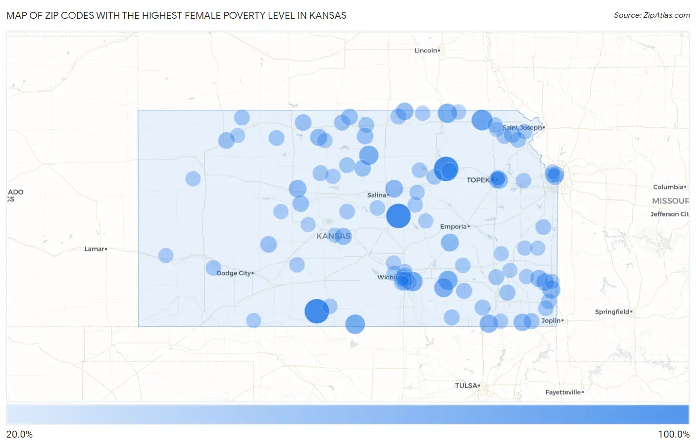 Zip Codes with the Highest Female Poverty Level in Kansas Map