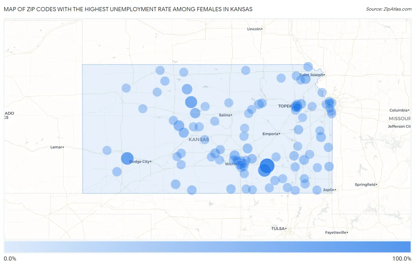 Zip Codes with the Highest Unemployment Rate Among Females in Kansas Map