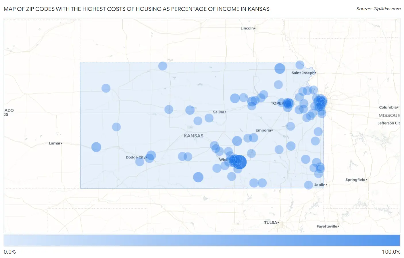 Zip Codes with the Highest Costs of Housing as Percentage of Income in Kansas Map