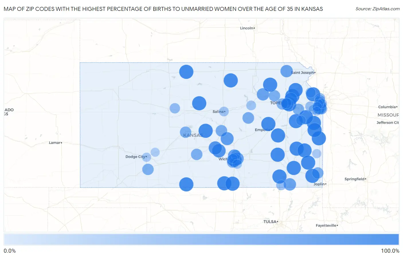 Zip Codes with the Highest Percentage of Births to Unmarried Women over the Age of 35 in Kansas Map