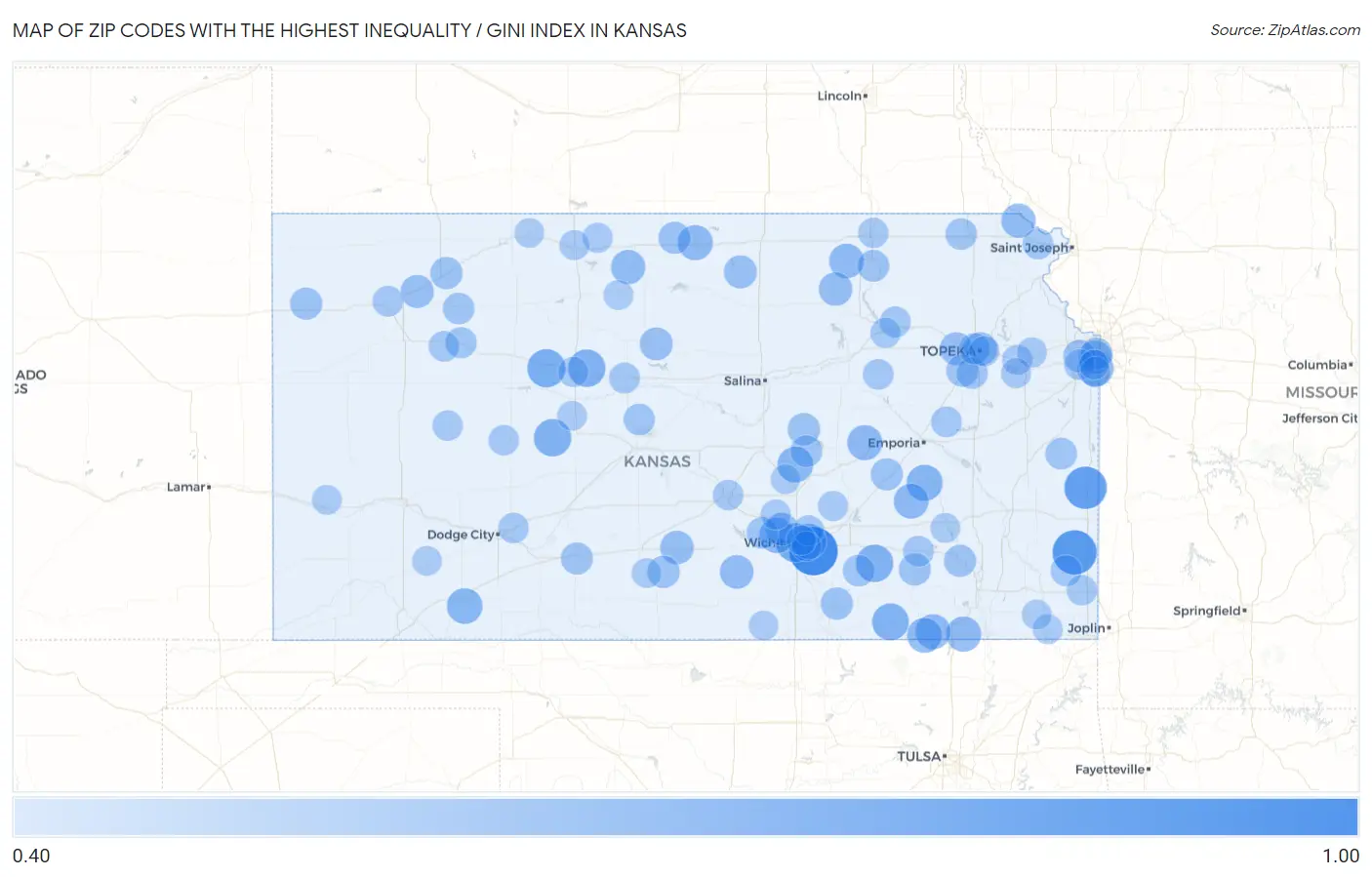 Zip Codes with the Highest Inequality / Gini Index in Kansas Map