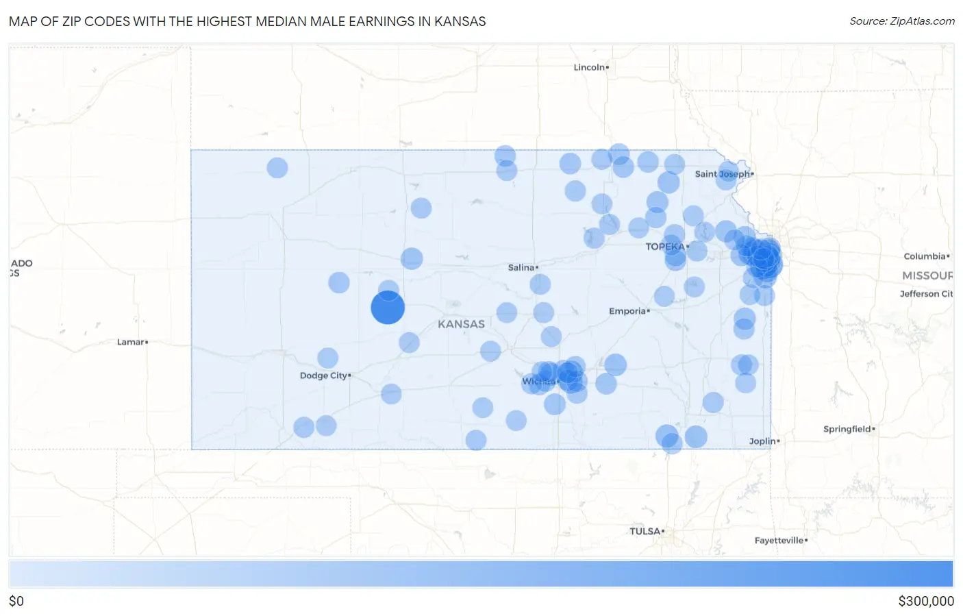 Zip Codes with the Highest Median Male Earnings in Kansas Map