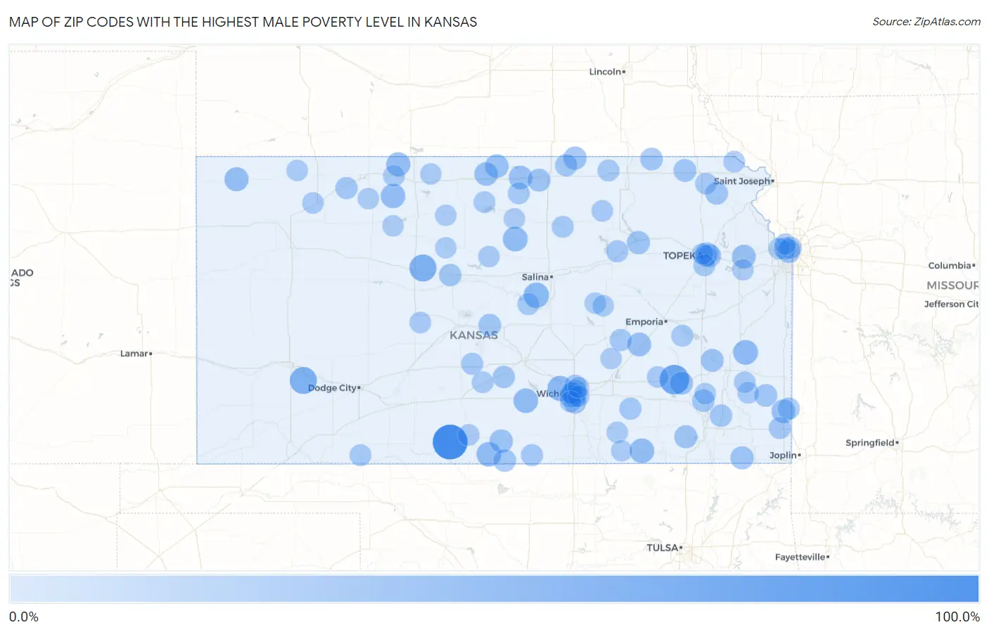 Zip Codes with the Highest Male Poverty Level in Kansas Map