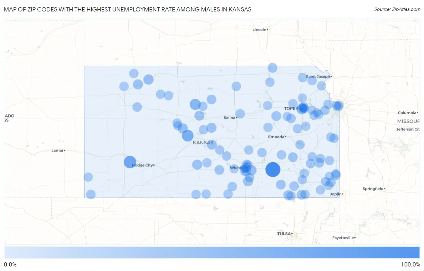 Zip Codes with the Highest Unemployment Rate Among Males in Kansas Map