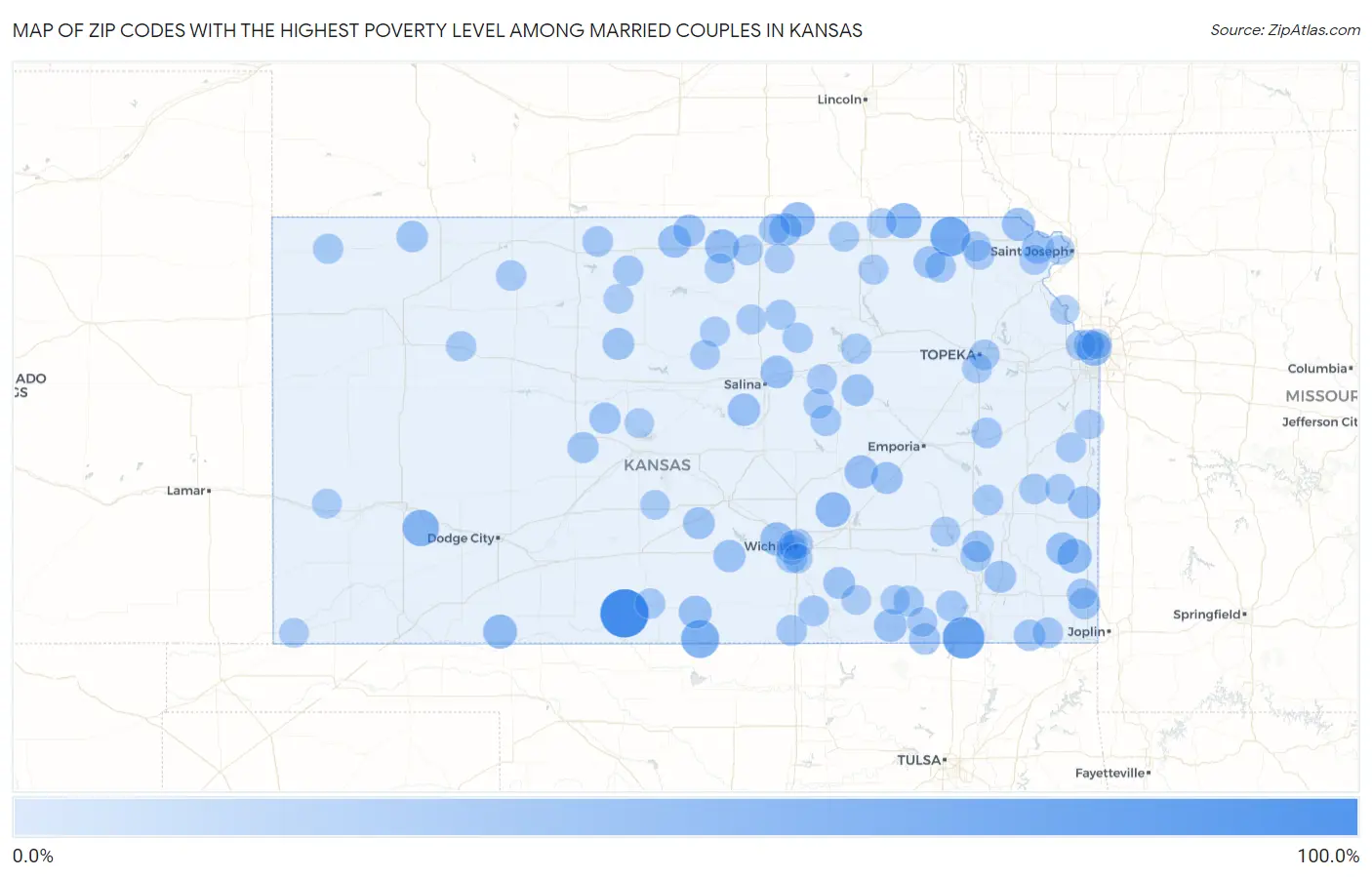 Zip Codes with the Highest Poverty Level Among Married Couples in Kansas Map