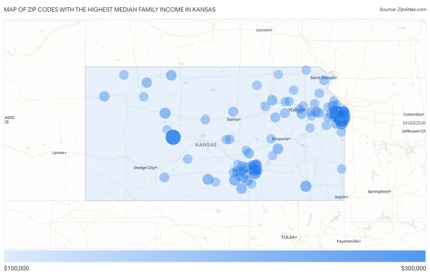 Zip Codes with the Highest Median Family Income in Kansas Map